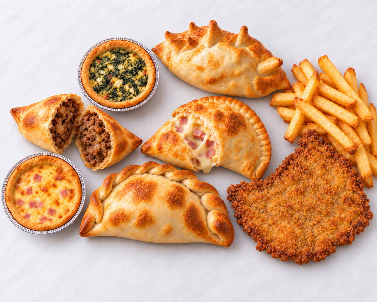 Tres empanadas horneadas sobre mármol